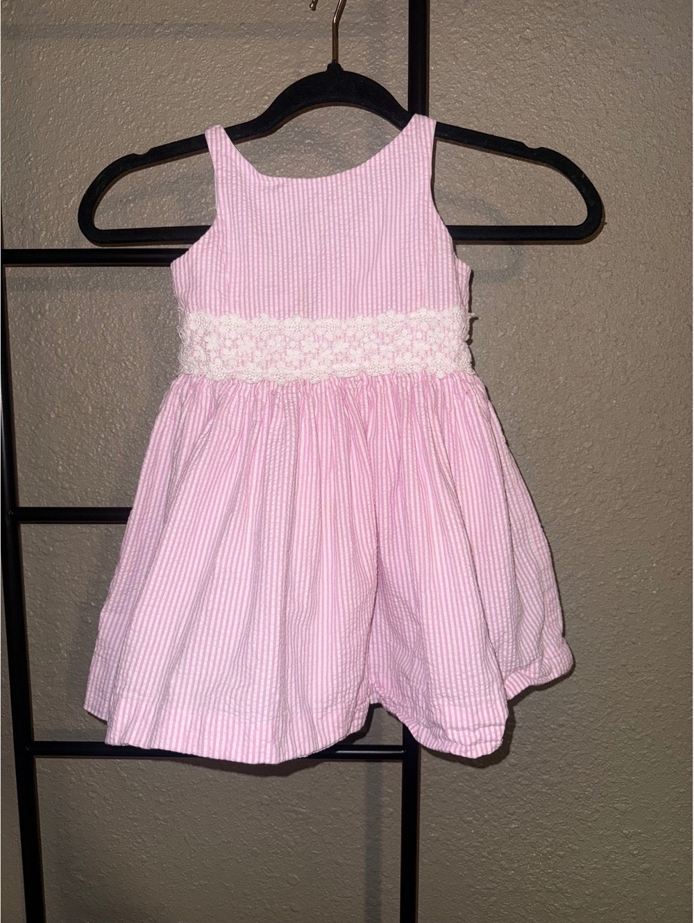 Polo Ralph Lauren Toddler Girls Pink Seersucker Dress with White Lace Waistband,